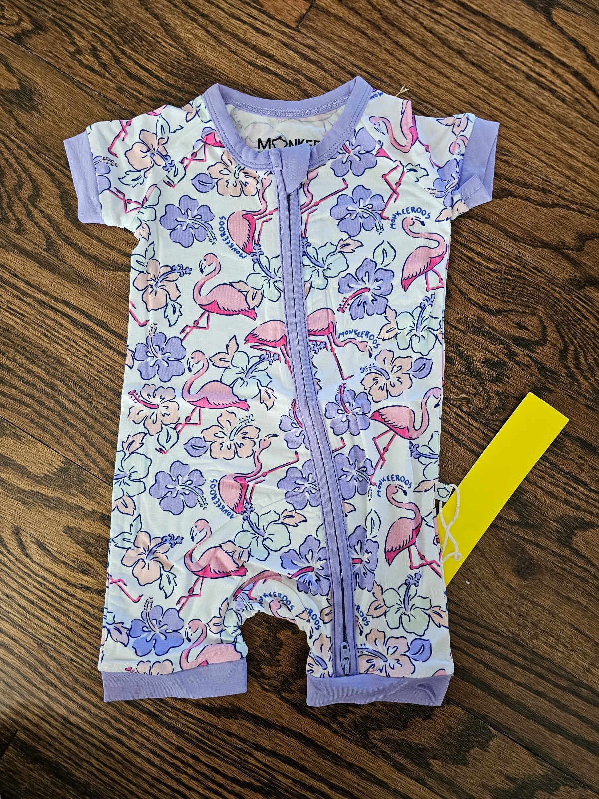New Baby Girl Purple Beach Floral Flamingo Bamboo Shortie Romper, 3-6 Months