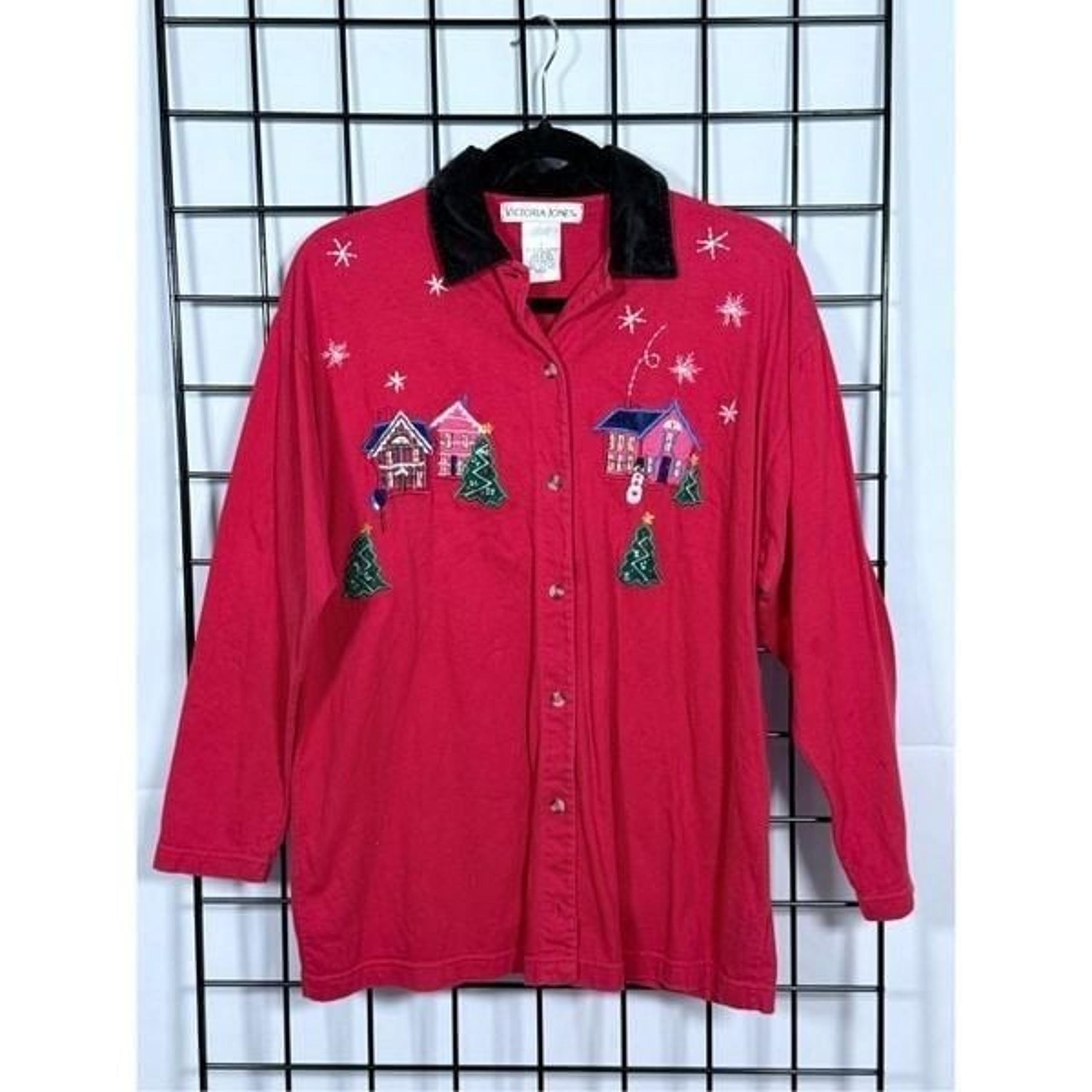 VTG Victoria Jones Christmas Button Up Shirt Womens L Red Embroidered Holiday