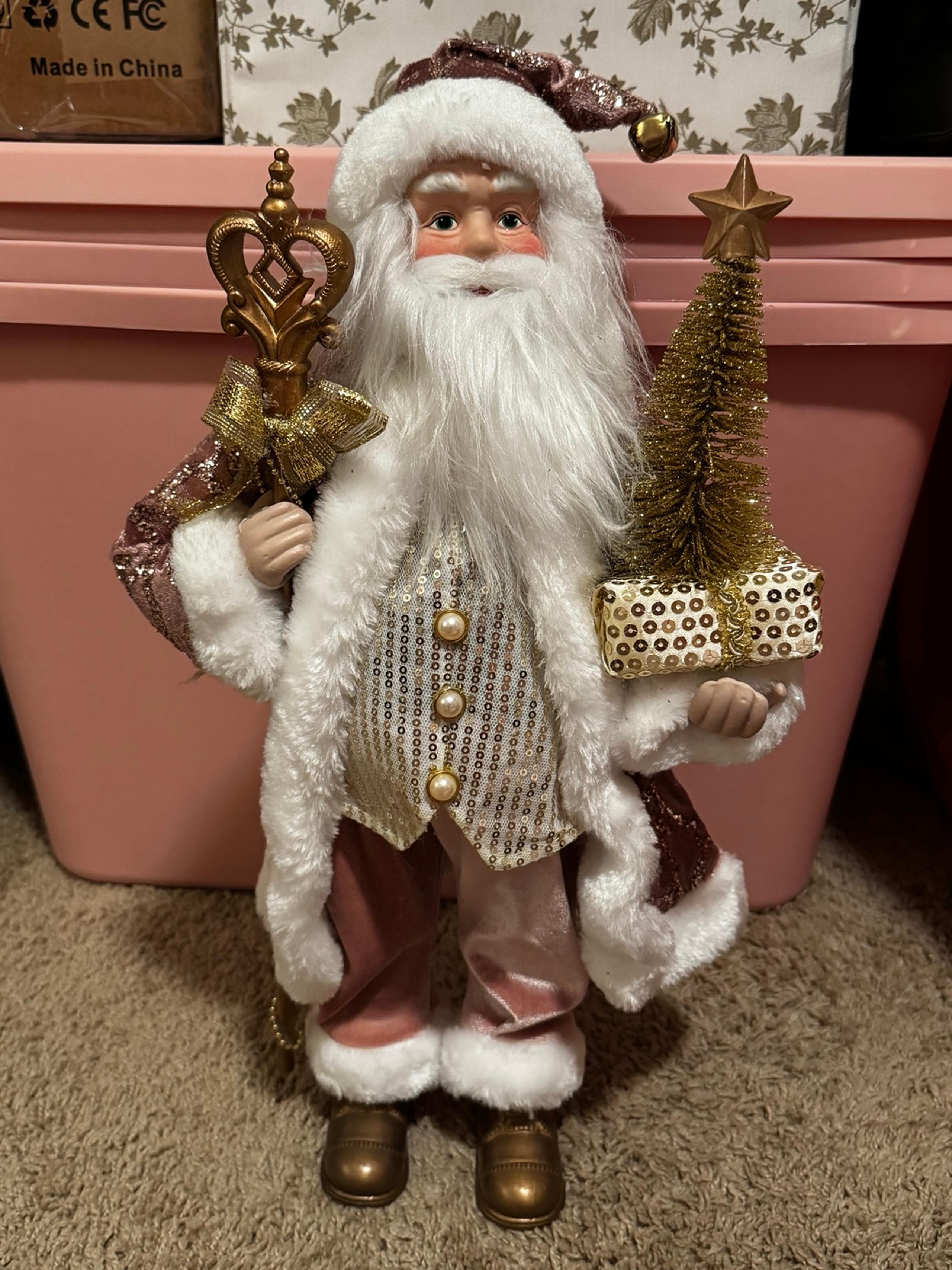 Pink Santa Claus Christmas Shabby Chic Doll 18” Vintage Style Gold Tree