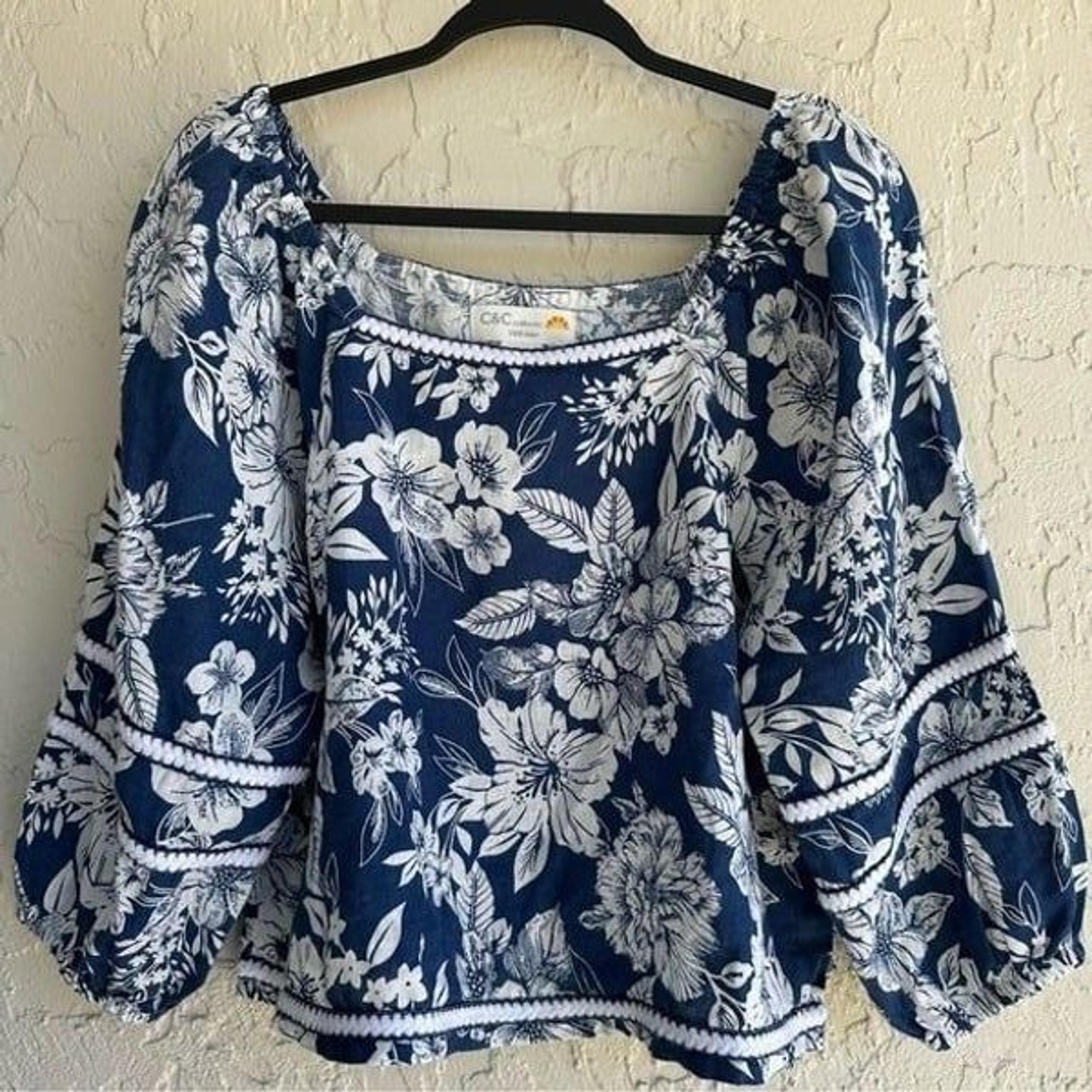 C&C CALIFORNIA Blouse Top Women Large Linen Peasant Floral Resortwear Vacation