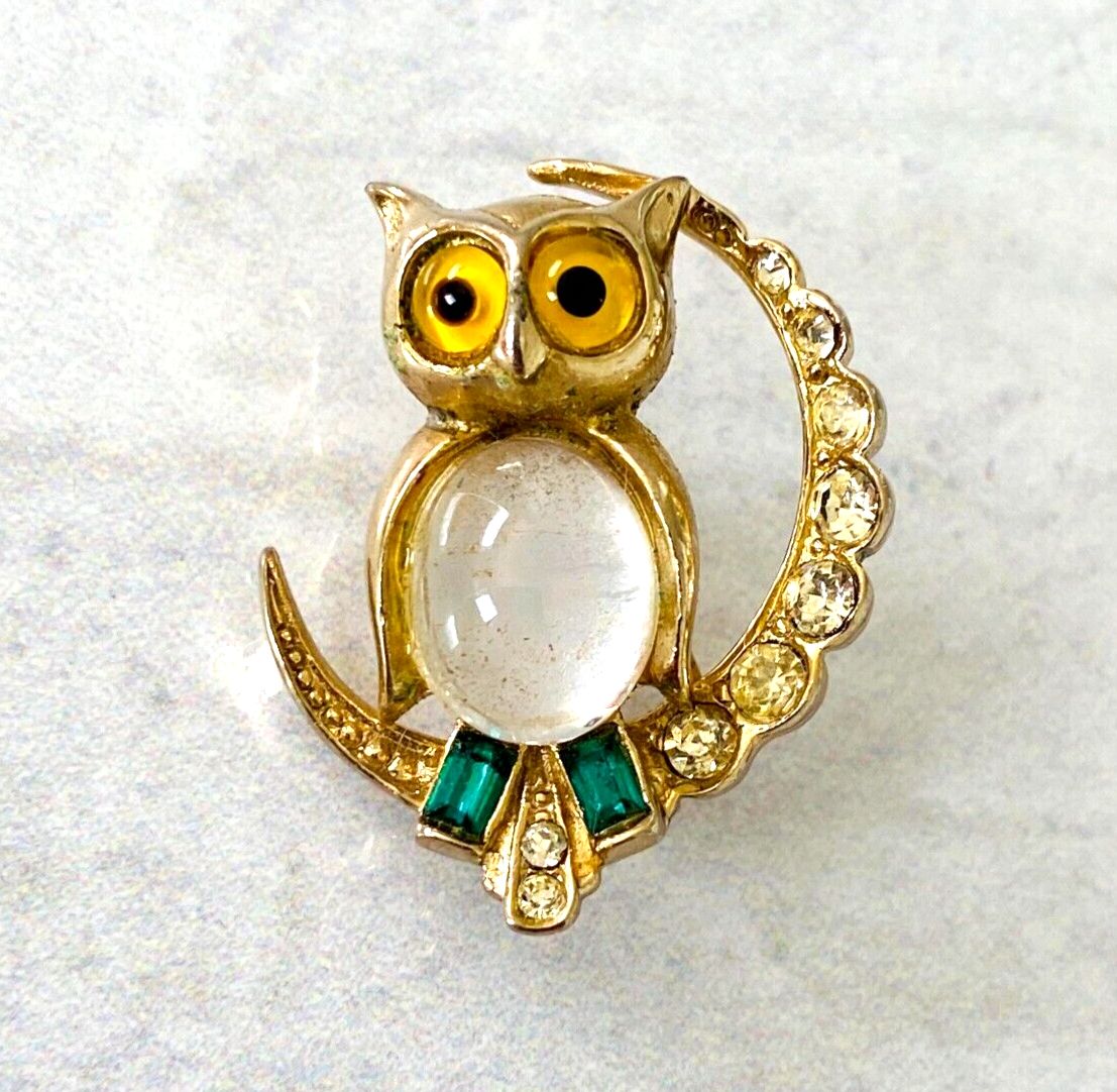Vintage Jelly Belly Owl on Crescent Moon Pin Brooch Likely Coro 1 Big Eyes Cute