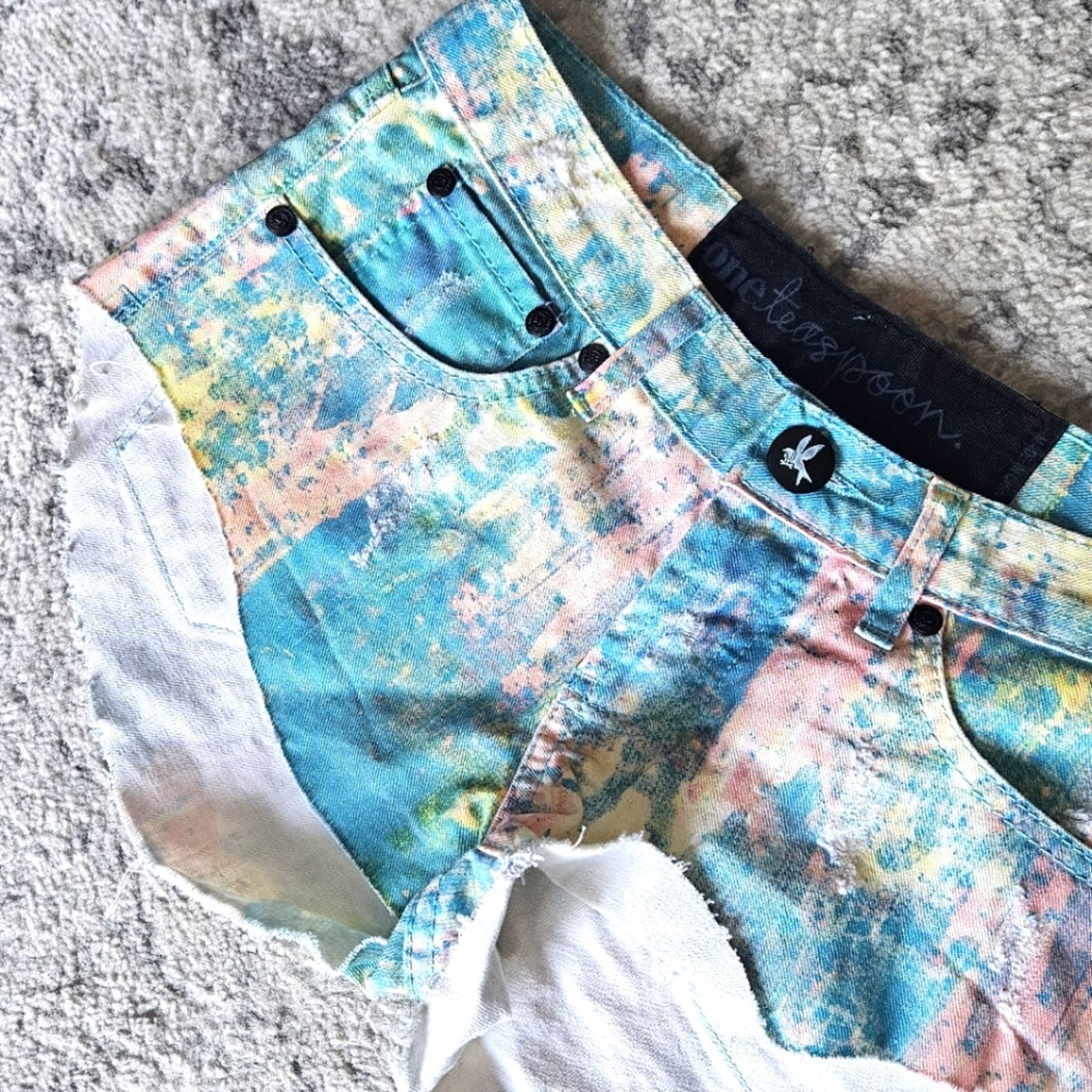 One Teaspoon cut off tie dye denim mini shorty shorts