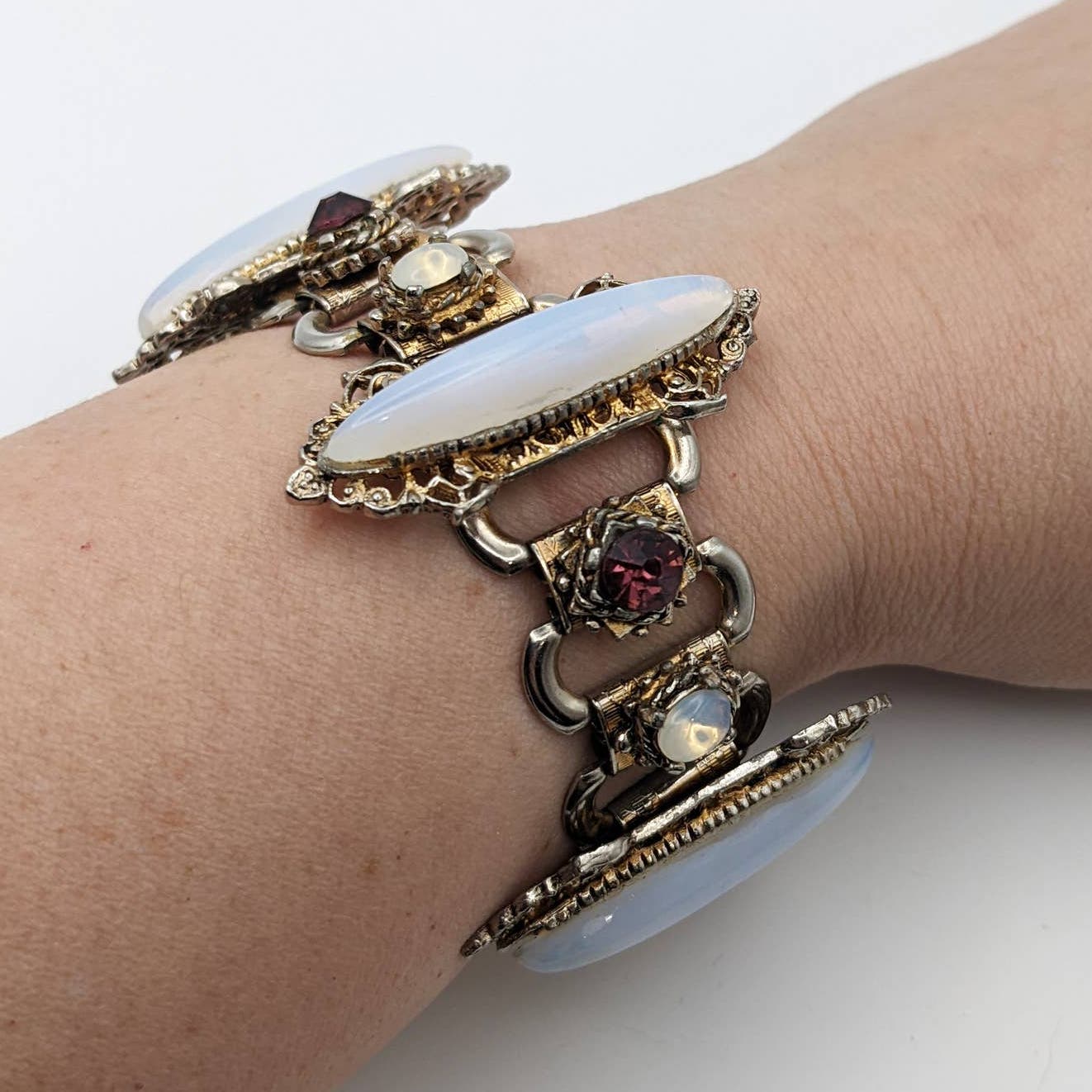 Unique Wide Opaline Glass Purple Crystal Link Bracelet Victorian Revival Selro?