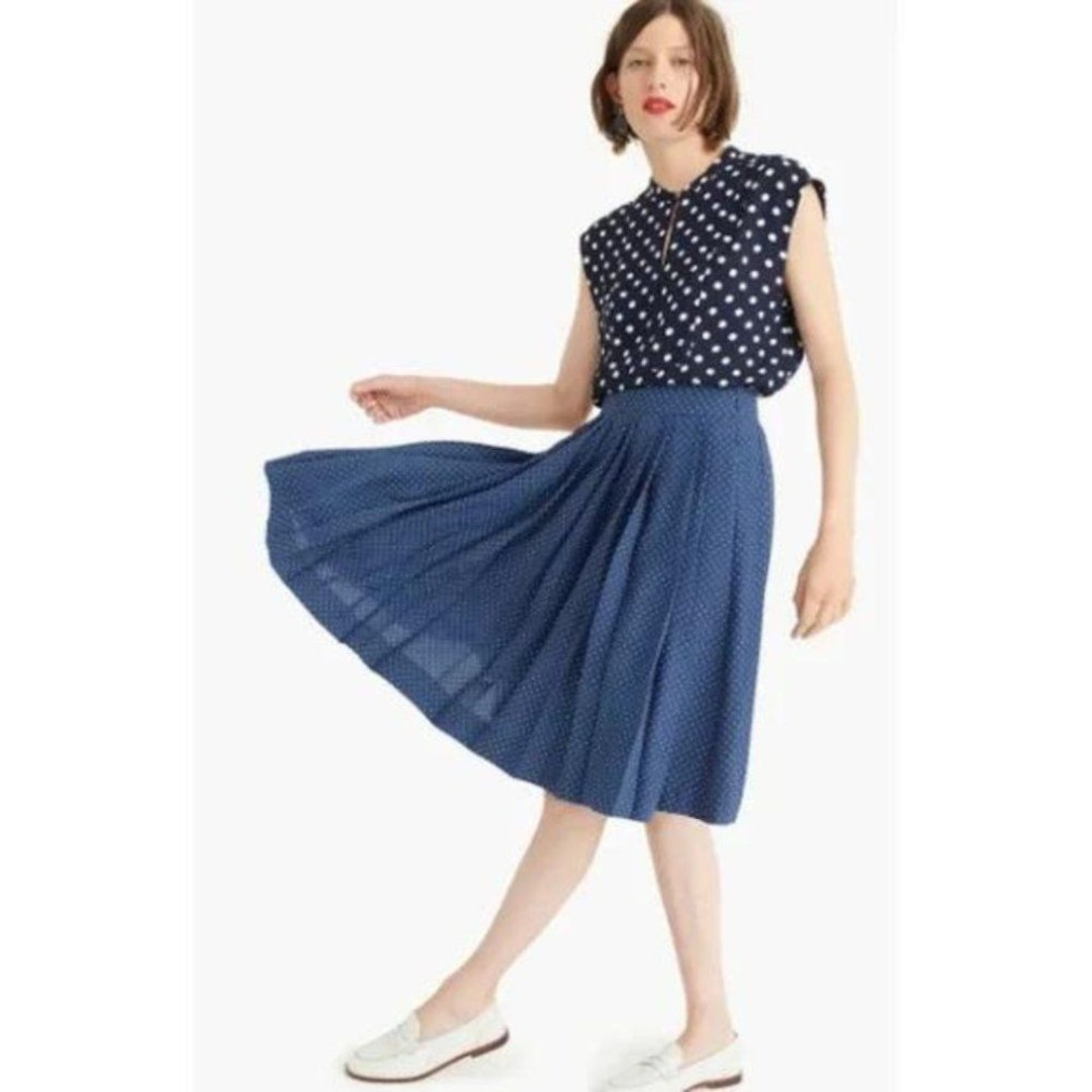 J. Crew Dot Double Pleated Midi Skirt In Union Blue Size 0
