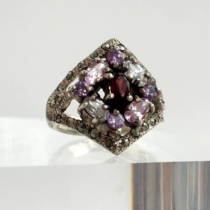 Multi Gemstone Vintage Sterling Silver Art Deco Marcasite Cocktail Ring - sz 6.5