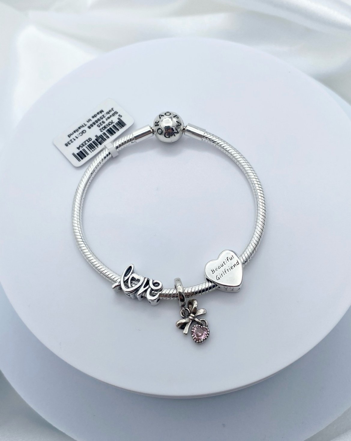 Pandora Bracelet with Pink Girlfriend Love Heart Valentines Themed Charms