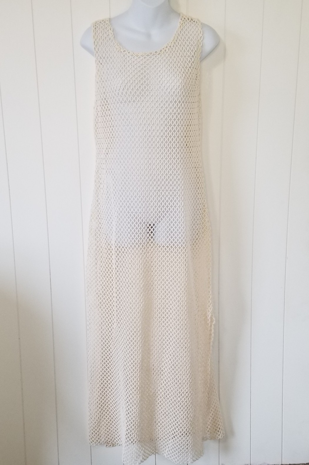 Women's Cover Up Sleeveless Dress S/M Ivory Open Knit