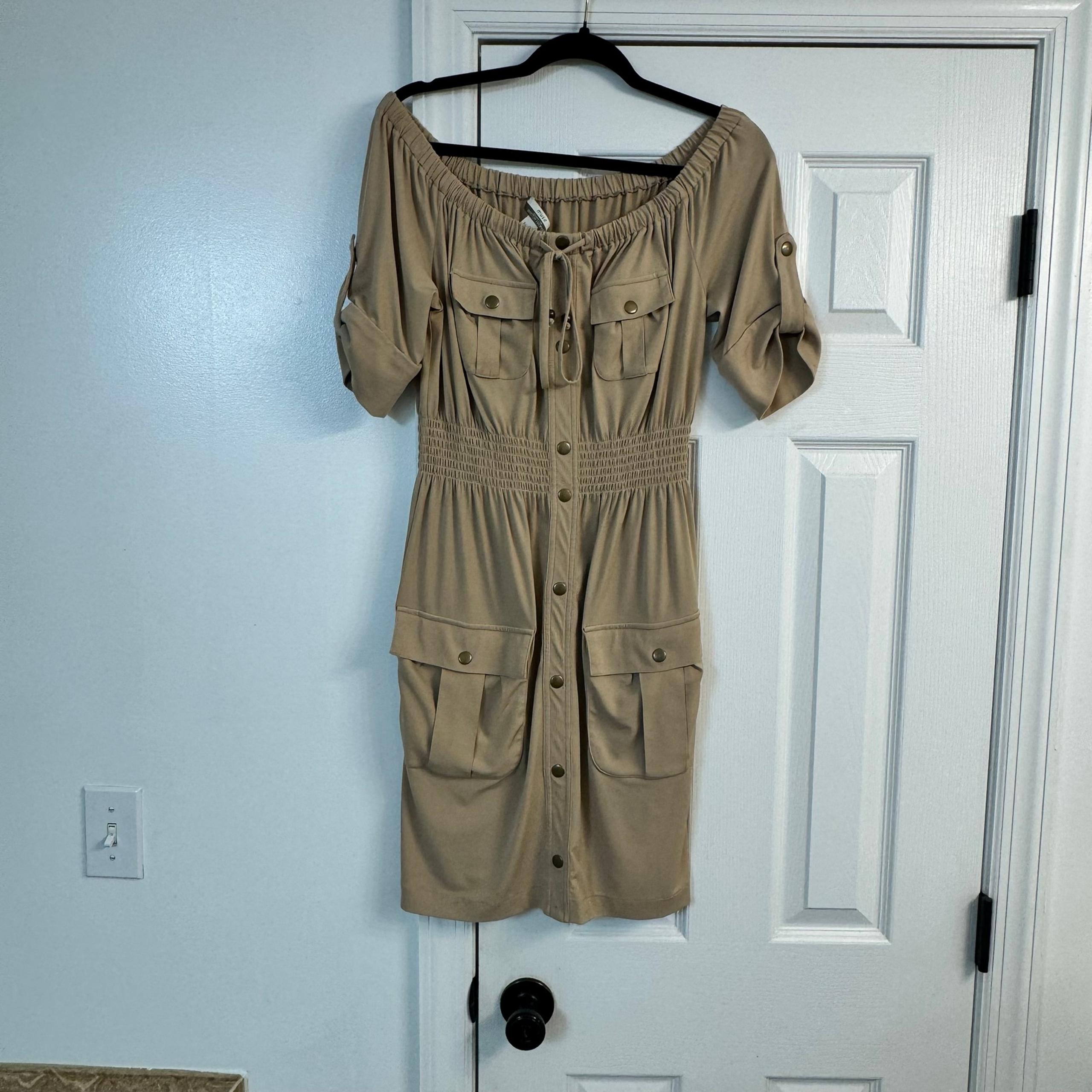 Boston Prioer Muse tan off shoulder dress sz 10