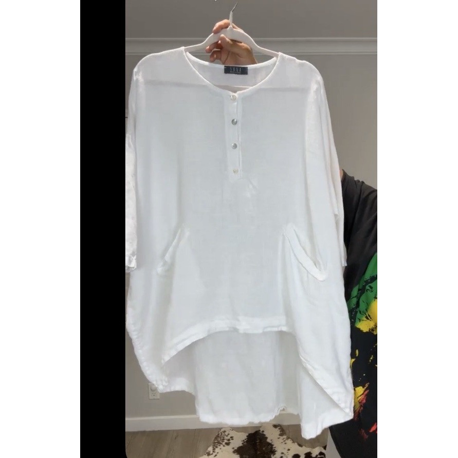 SAGA Italy OSFA Crisp White Linen Lagenlook Hi-Low Tunic Big Shirt Pocket 1X/2X