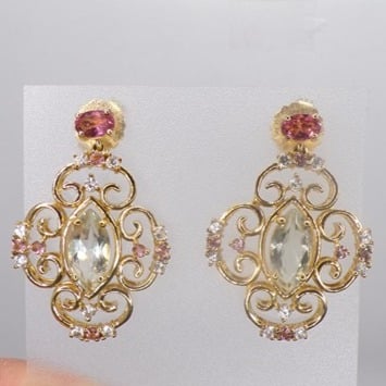 925 Gold Plated Pink Tourmaline and Prasiolite Dangling Earrings