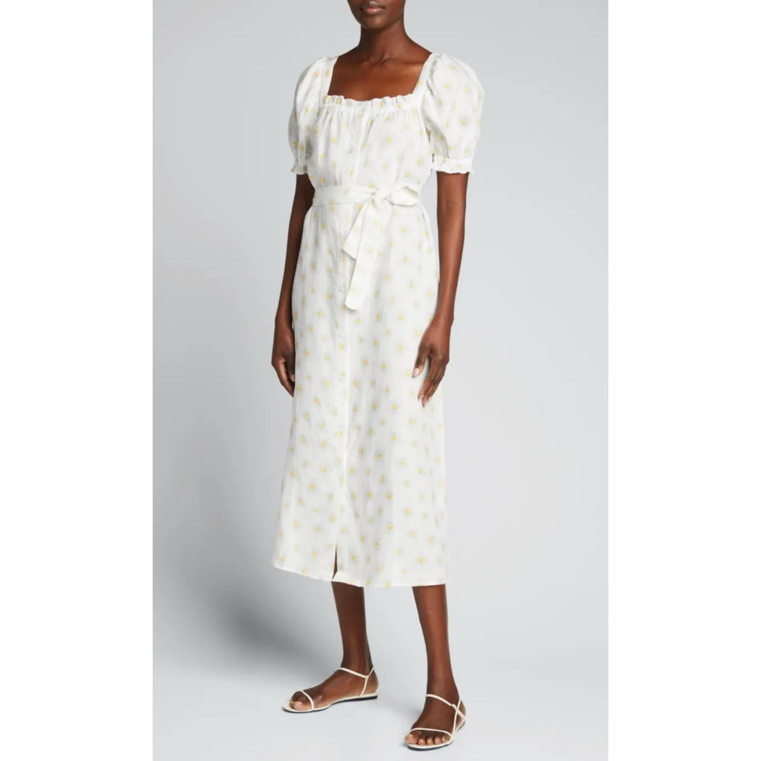 Sleeper Brigette Daisy Print 100% Linen Square Neck Midi Dress XL
