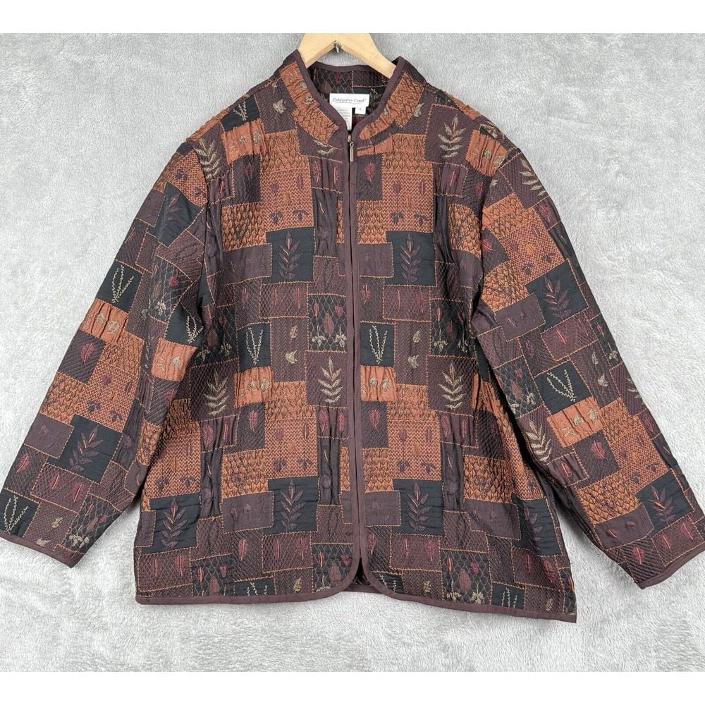 VTG Coldwater Creek Boho Artisan Floral Patchwork Jacket Womens L Brown Fall