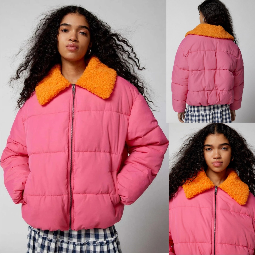 NEW UO Duckie Faux Shearling Collar Puffer Jacket Pink Soft Girl Barbiecore Lg