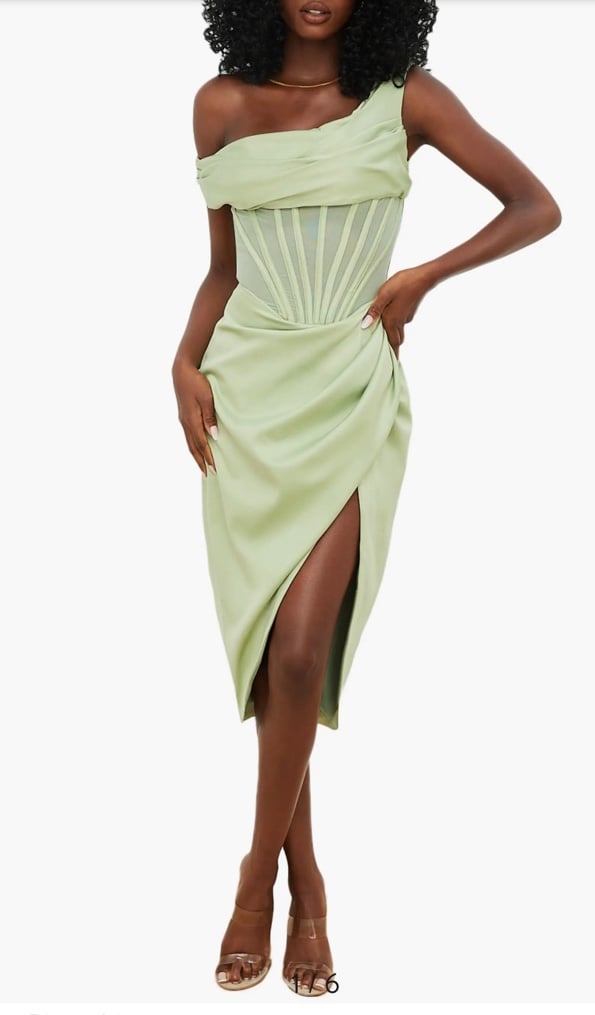House of CB Lulu Corset One-Shoulder Satin Midi Dress