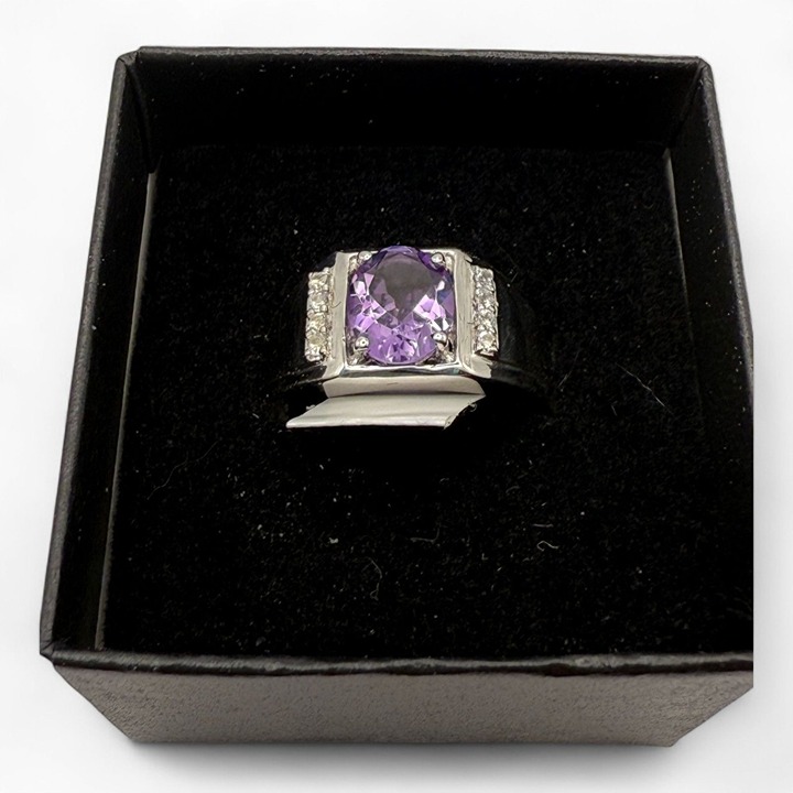 Oval-Cut Amethyst & White Topaz Ring 1.60 Ct Amethyst Rhodium-Plated 925 Sterlin
