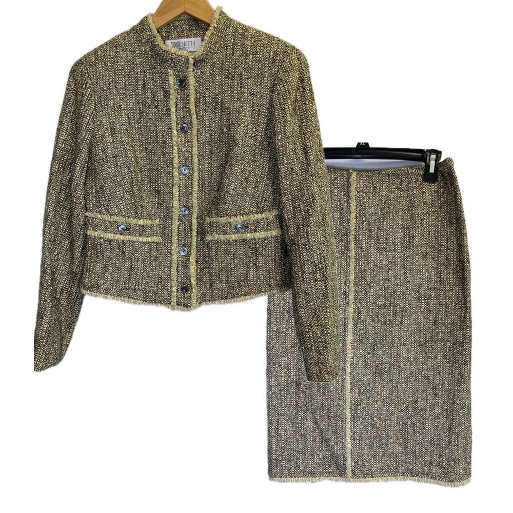 Worth Skirt Suit Women's 10 Jacket Set Beige Green Fringe Lined Made in U.S.A