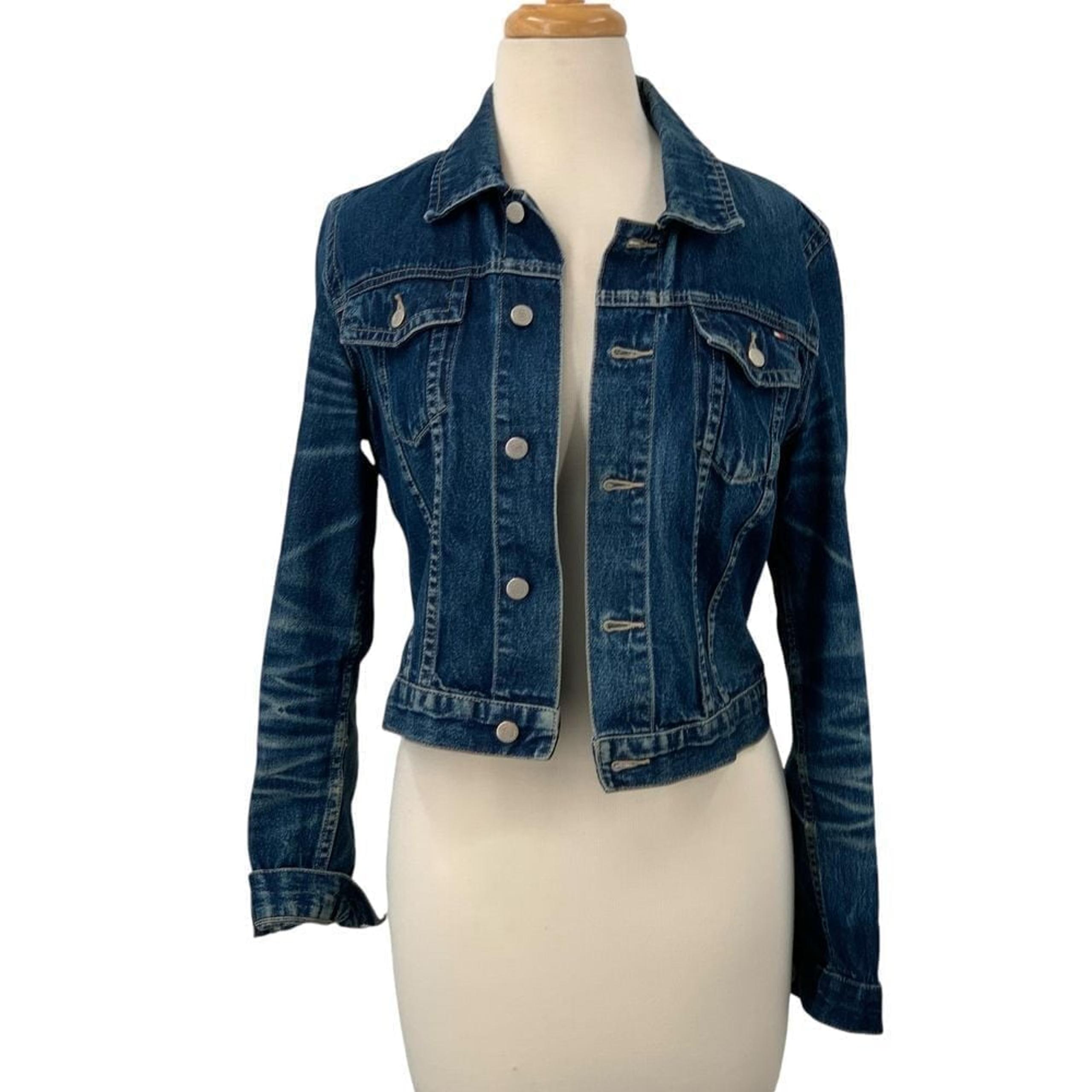 Tommy Hilfiger Jeans Womens Distressed Cropped Trucker Denim Jacket Size M READ