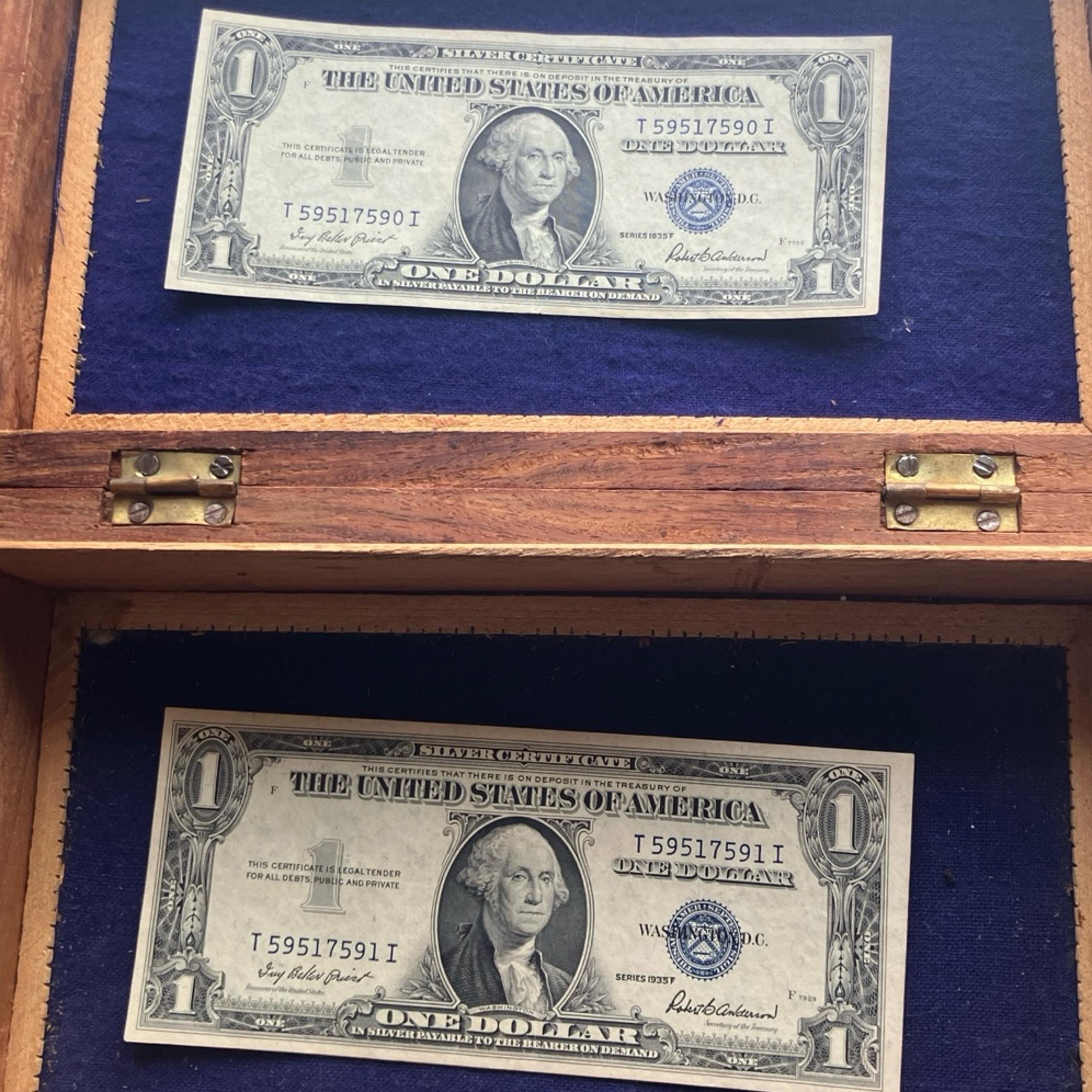 Two consecutive Bills 1935 Series A Blue Seal Silver Certificates. CRISP!