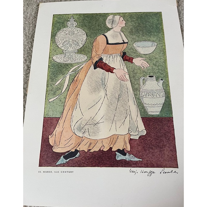 Vintage Costume Of Nurse 16th Century by Warja Honegger-Lavater Original Print P