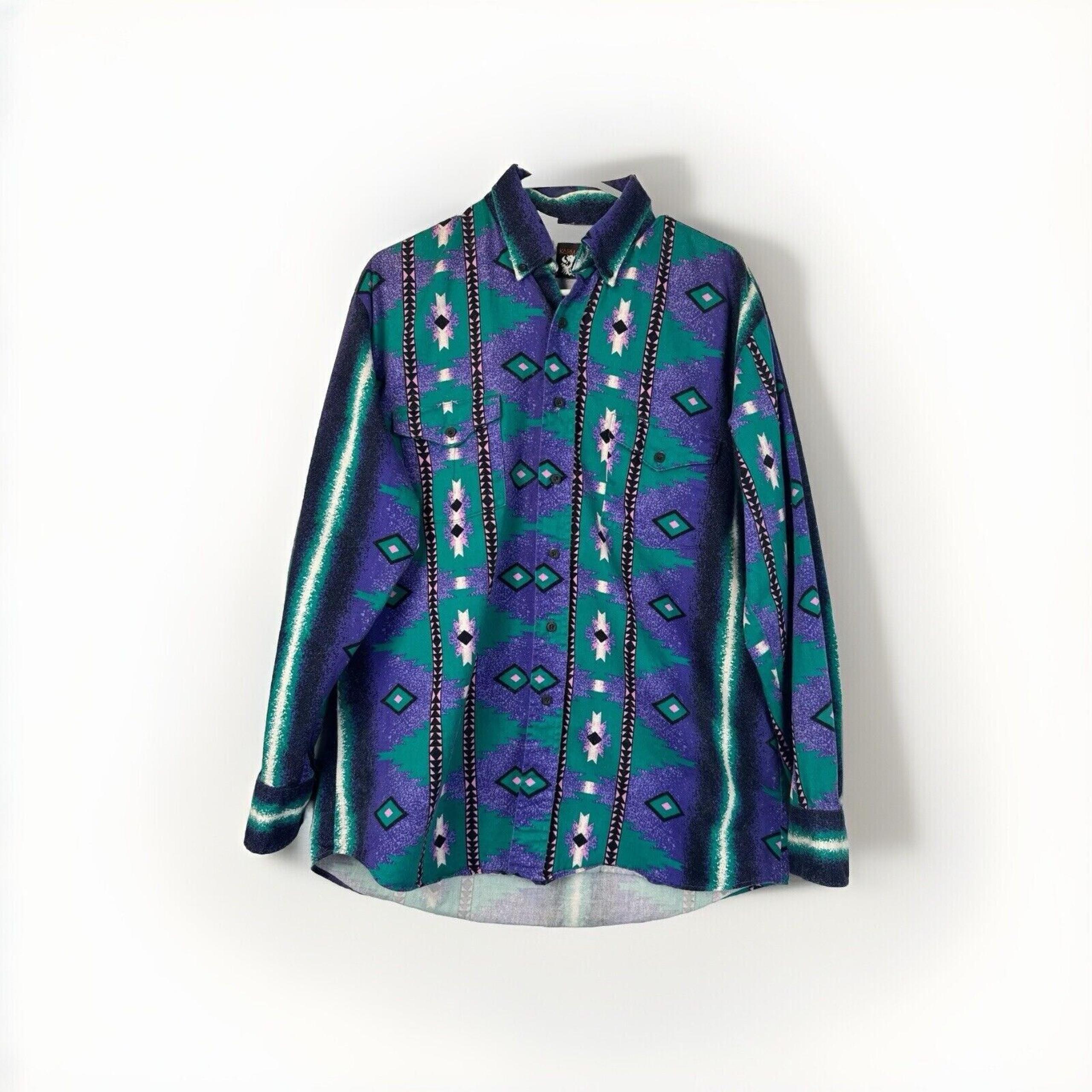Vintage Karman Western USA Purple Green Aztec Button Shirt Mens Large L