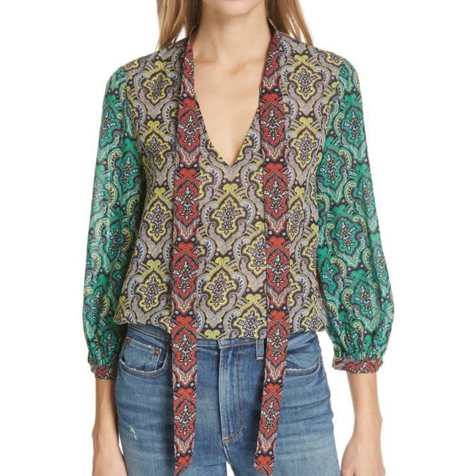 ALICE + OLIVIA Sheila Multicolored Tie-Neck Blouse Women's Size Large