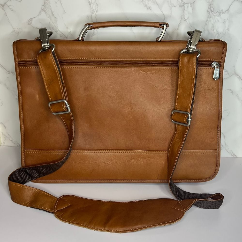 PIEL Tan Brown Leather Expandable Laptop Briefcase - Two Sections, Top Handle