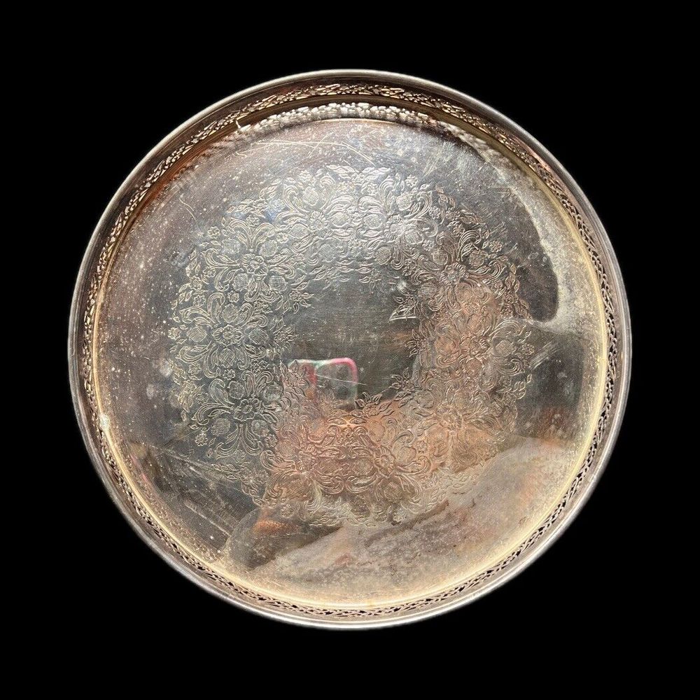 William Adams Serving Cocktail Display Tray Italy Floral MCM Silverplate 10