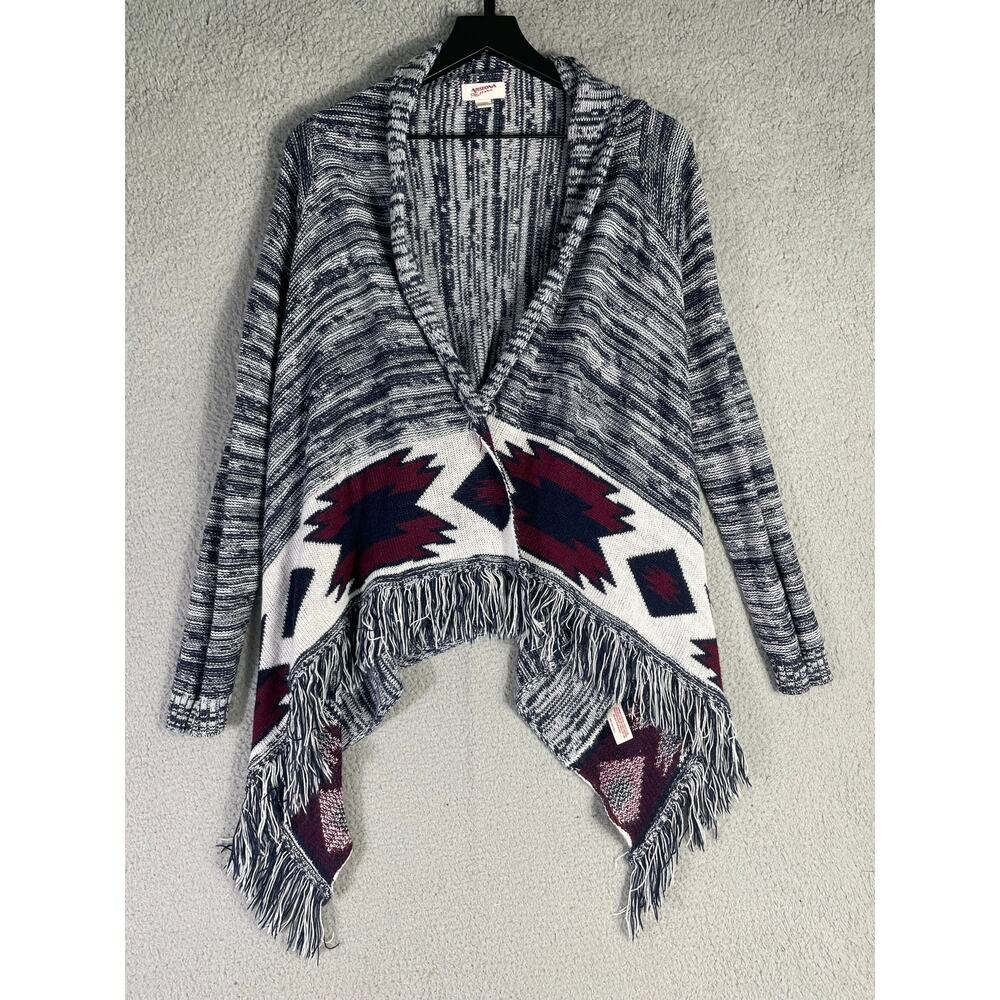 Arizona Jean Co. Boho Southwestern Fringe Cardigan Sweater Gray Red Sz Small