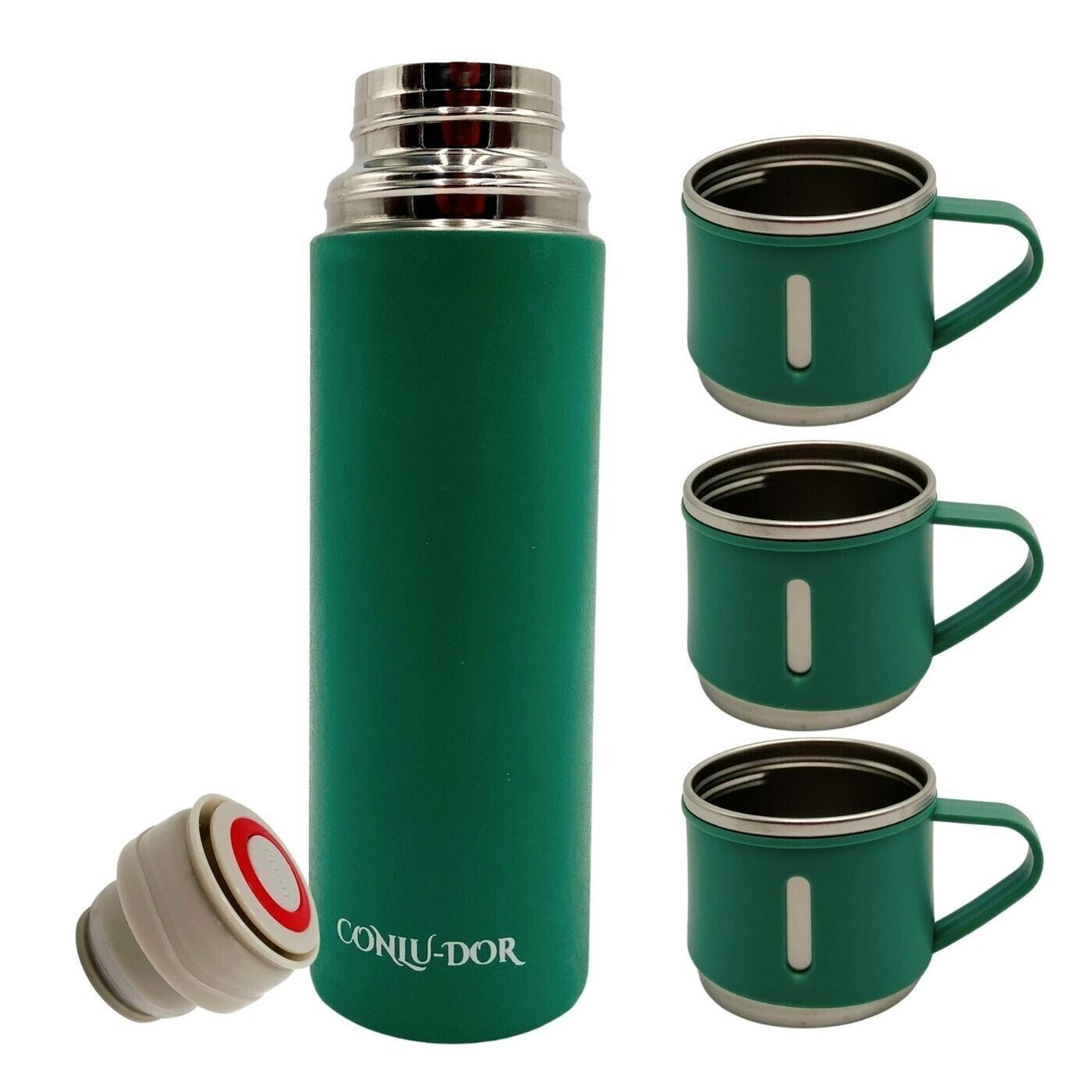 Hot & Cold Water Bottle Double Wall Stainless Flask 3 Cups Set 500ml Green New