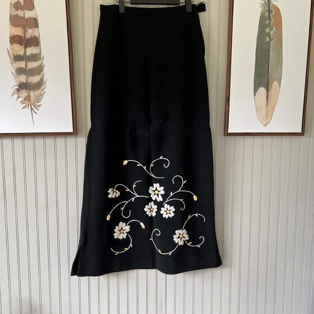 Vintage 70’s Full Length Floral Embroidered Black Wool Skirt