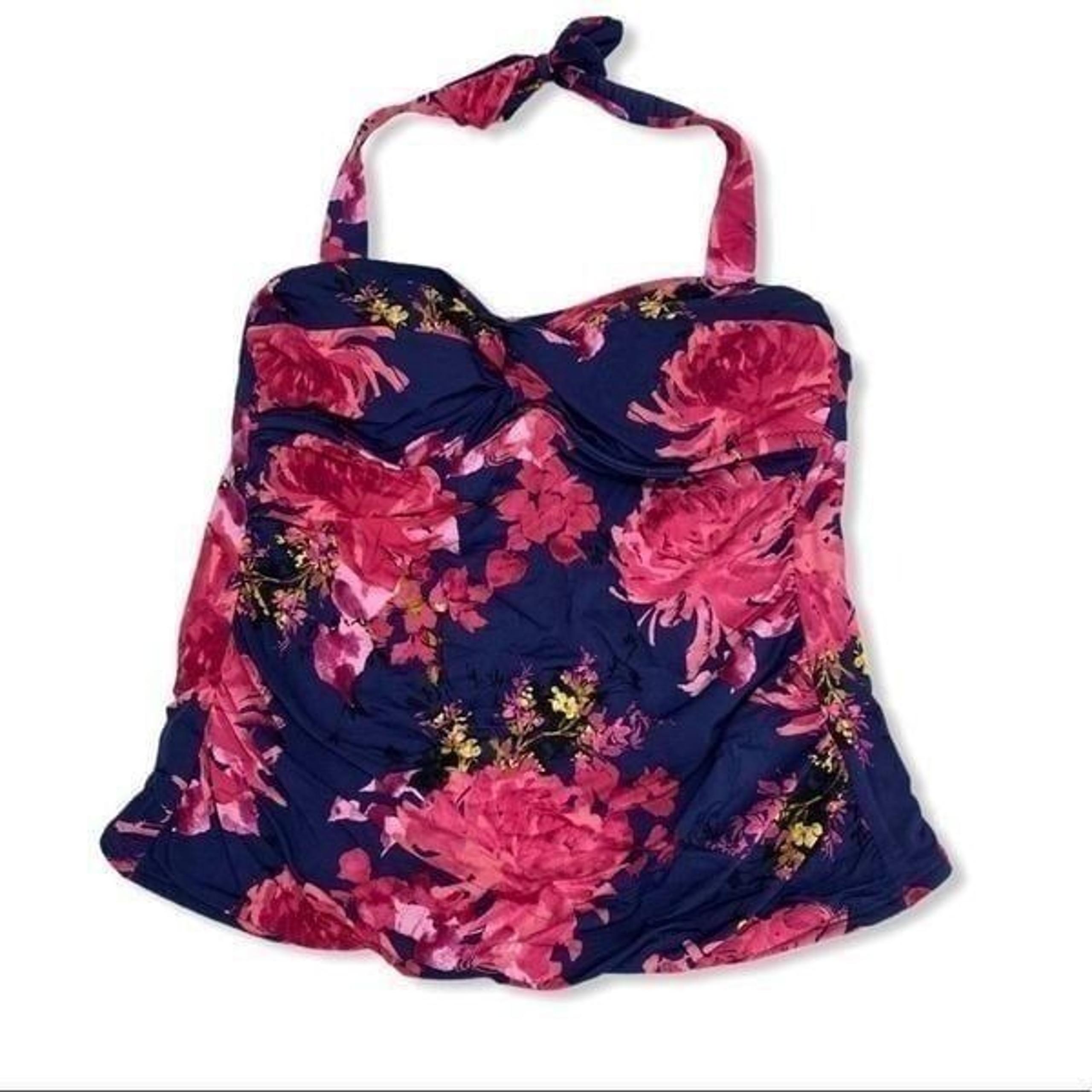 Garnet Hill Floral Underwire Tankini Top Navy Pink Sz 2