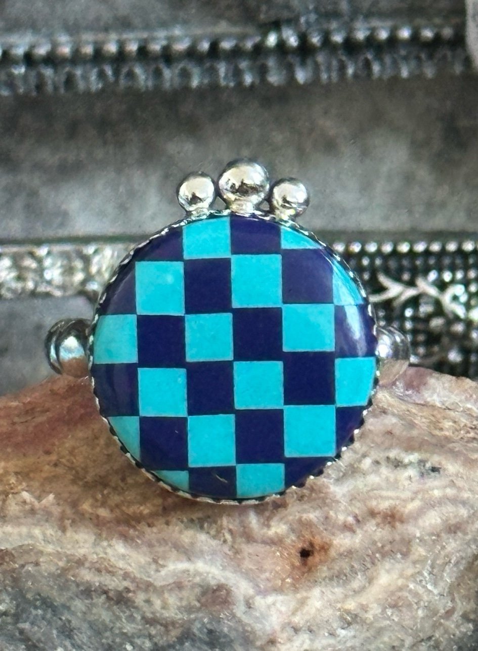 Blue checkerboard sterling silver ring