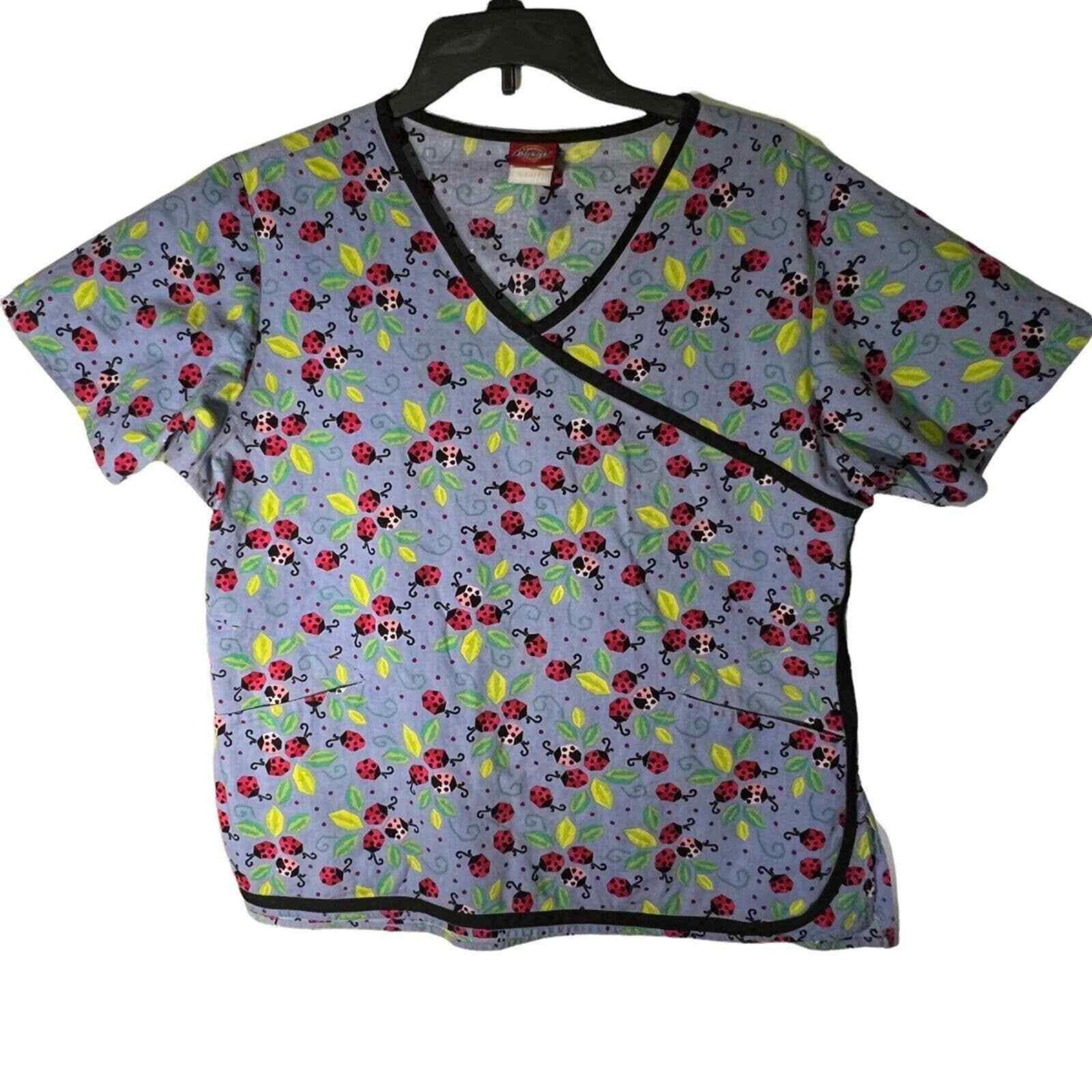 Dickies Adult Size Small Scrub Top Medical Uniform Ladybug Multicolor