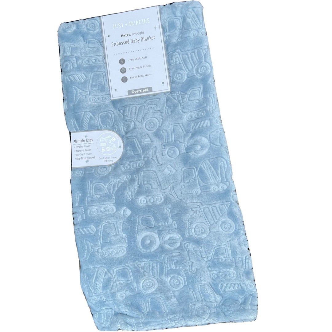 Just Imagine Embossed Baby Blanket Construction Trucks Cars Vehicles Light Blue