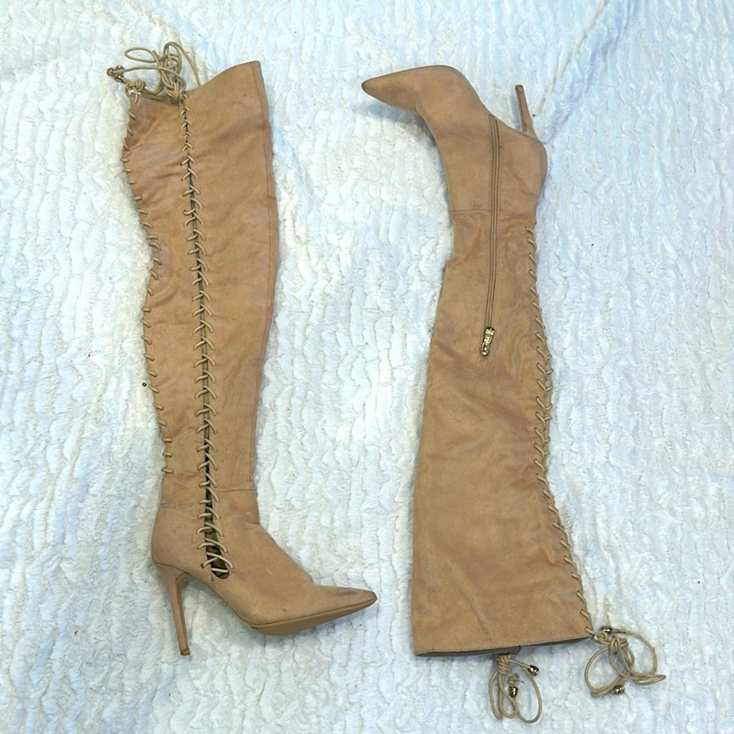 Cape Robbin lace up thigh high cream pointed toe boots women’s size 7 3” heel