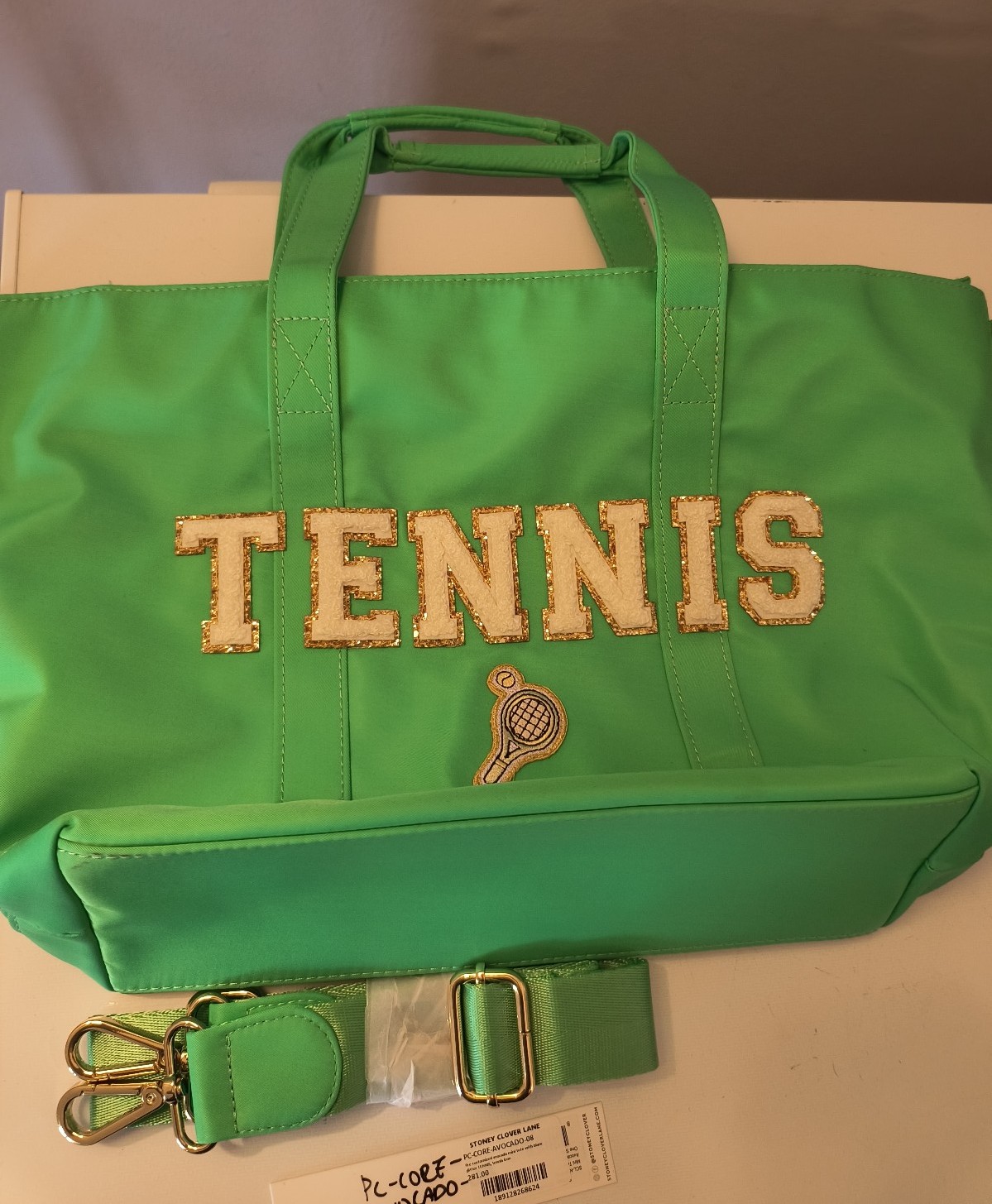 Stoney Clover Lane mini tote in avocado tennis patches sewn on
