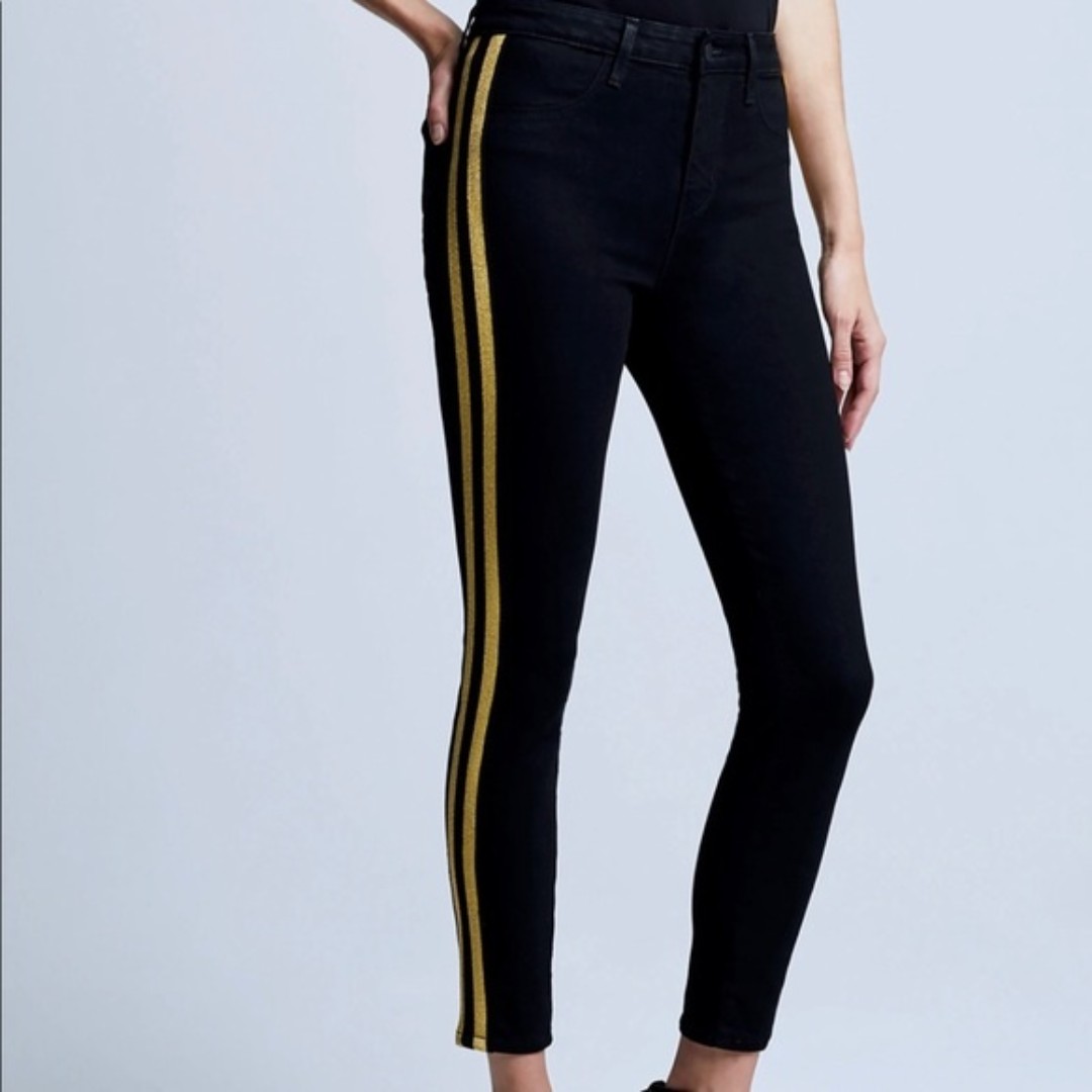L'agence Margot Gold Stripe Skinny High Rise 26 Black Jeans Pant Denim NWT B95