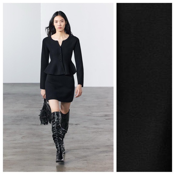 NWT. Zara Black Viscose Blend Peplum Knit Round Cardigan/Jacket. Size L.