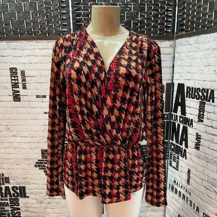 Anne Klein M Red Print Faux Wrap Elastic Drop Waist Long Sleeve Top