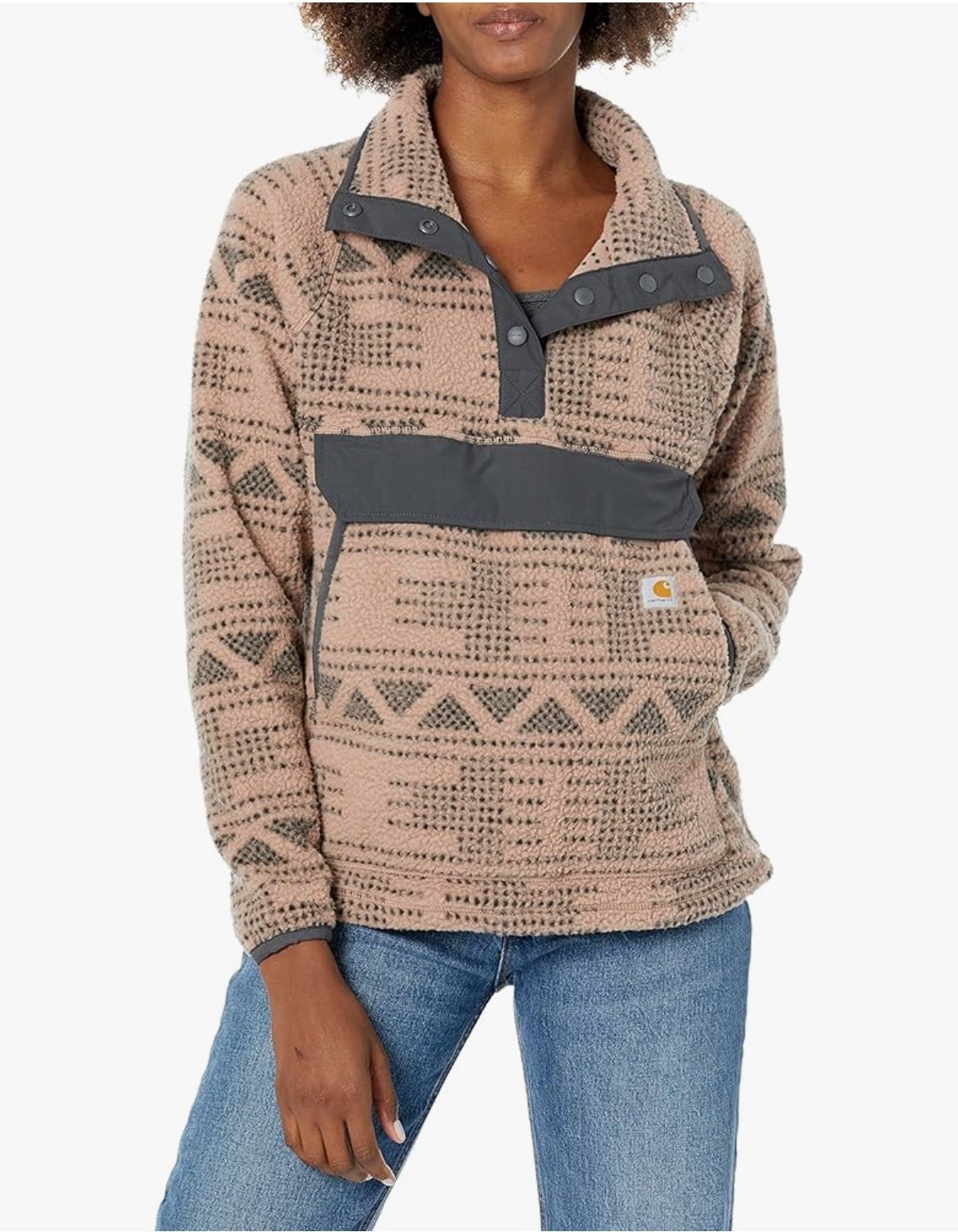 New Carhartt Women’s Relaxed Fit Fleece Pullover – XXL – Warm Taupe Geo Aztec