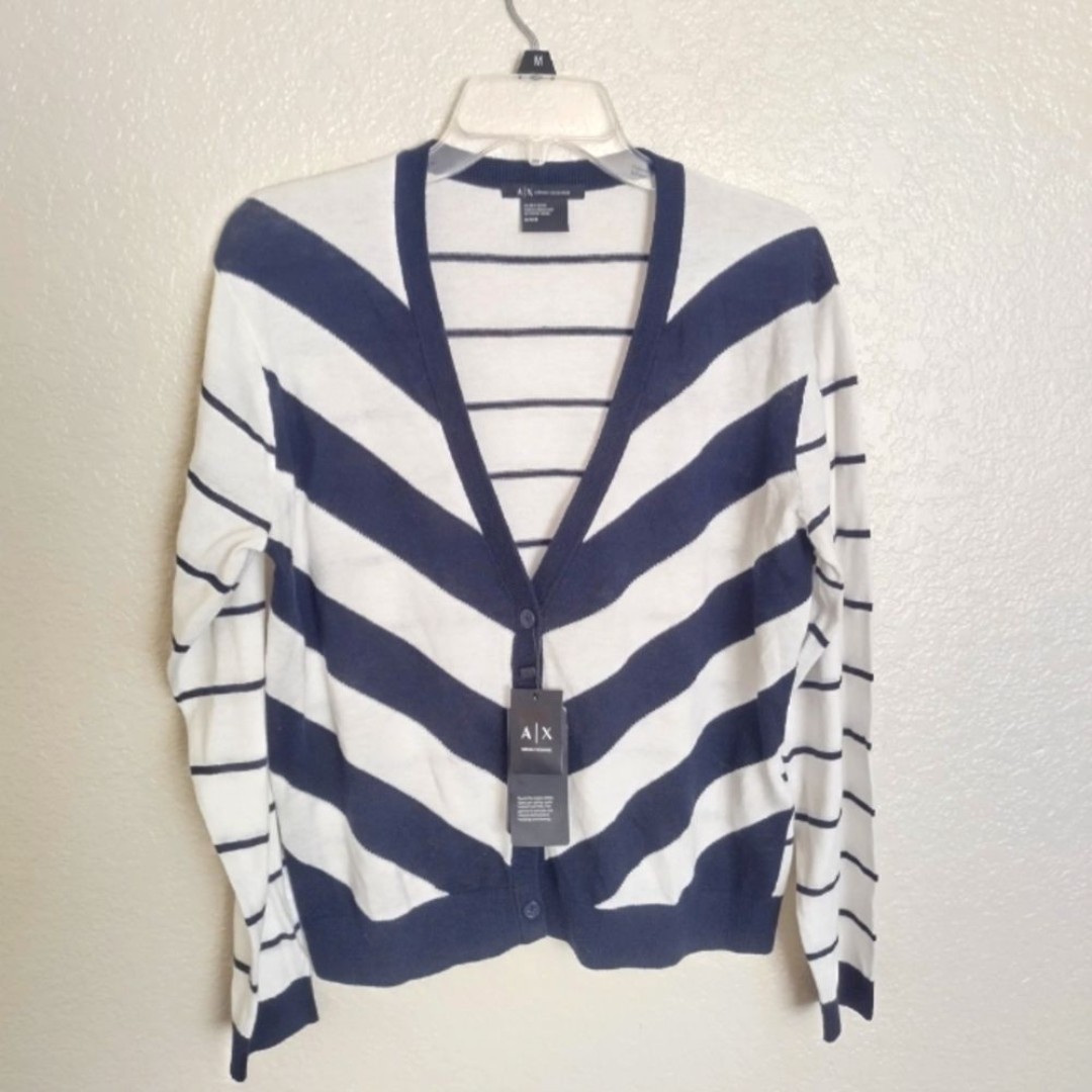 NWT Armani Exchange Navy Blue White Striped Cardigan Sweater SZ M