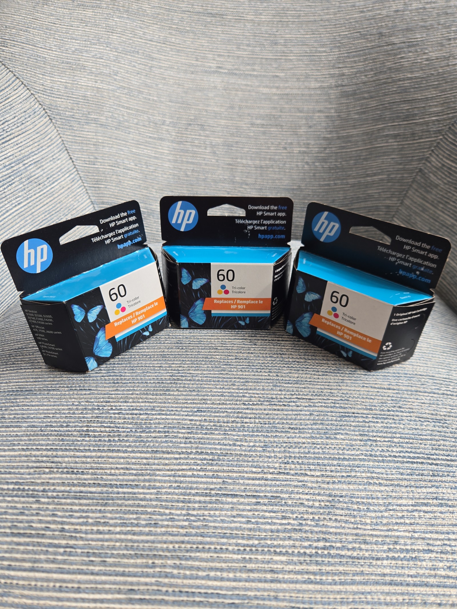 Lot of 3 HP 60 CC643WN Tri-Color Ink Cartridges Genuine New Sealed Exp Aug 24