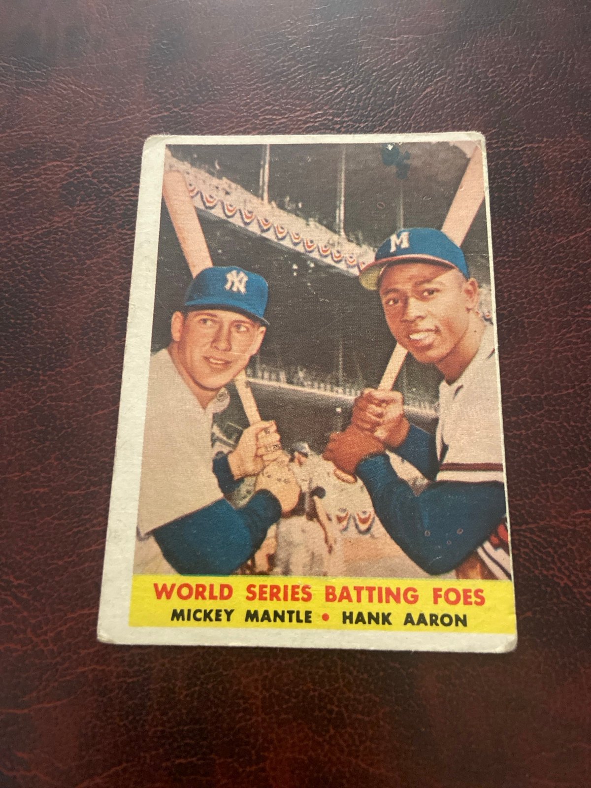 HANK AARON MICKEY MANTLE 1958 Topps BASEBALL WORLD SERIES BATTING FOES #418 HOF