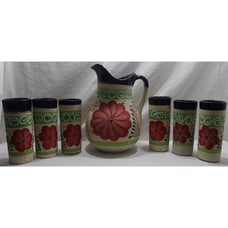 Handmade & Painted Mexican Terracotta Pitcher w/ 6 Tumblers Artisanal Painted Ta
