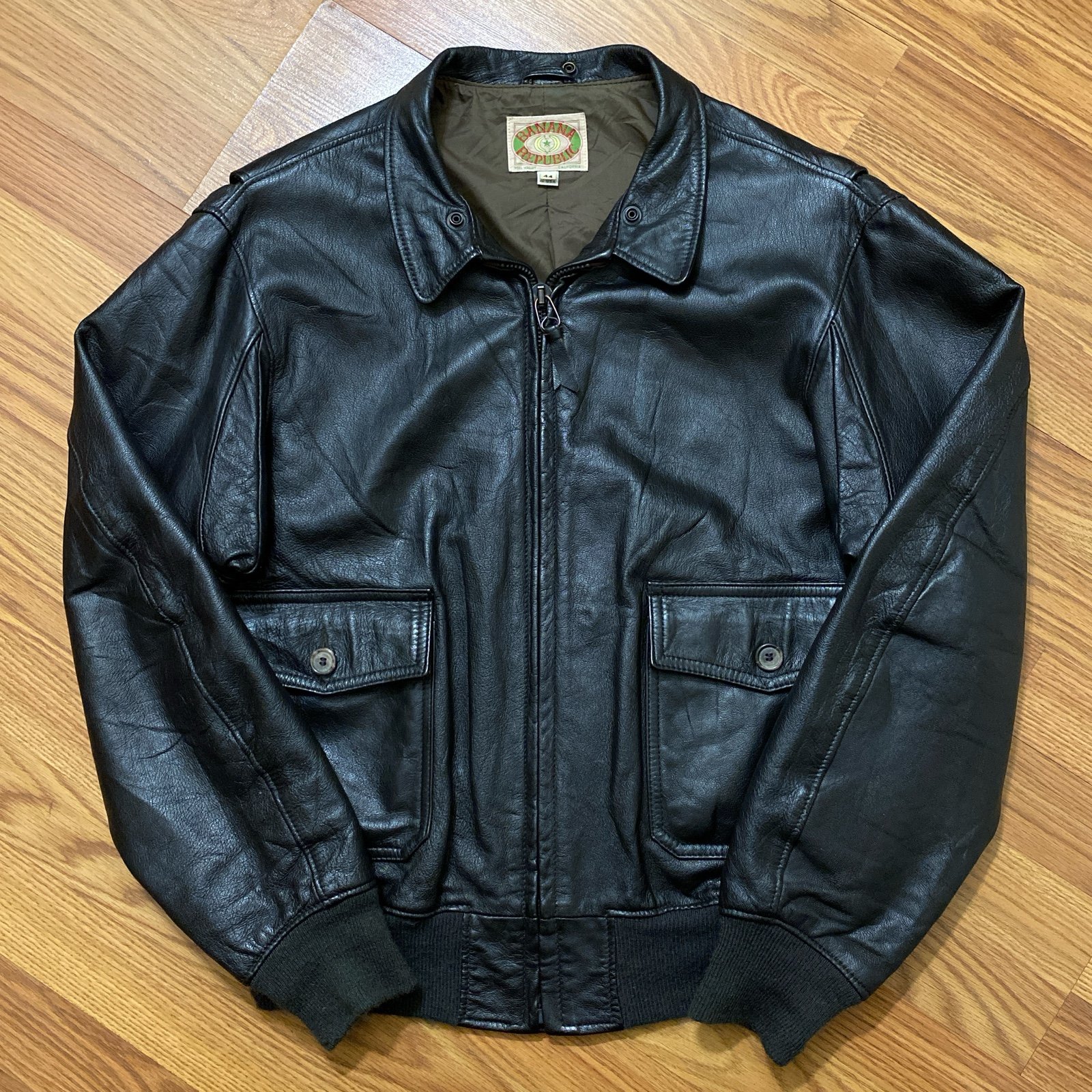 Vintage 80s Banana Republic Black Leather Bomber Jacket Size 44 Biker Outdoors