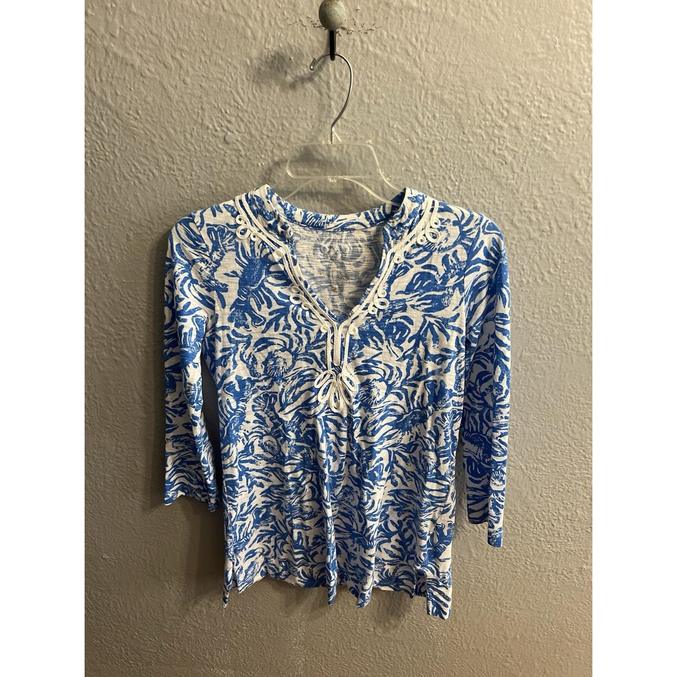 Lilly Pulitzer Tunic V Neck Size XXS  Blue  & White Embroidered 3/4 Sleeve Women