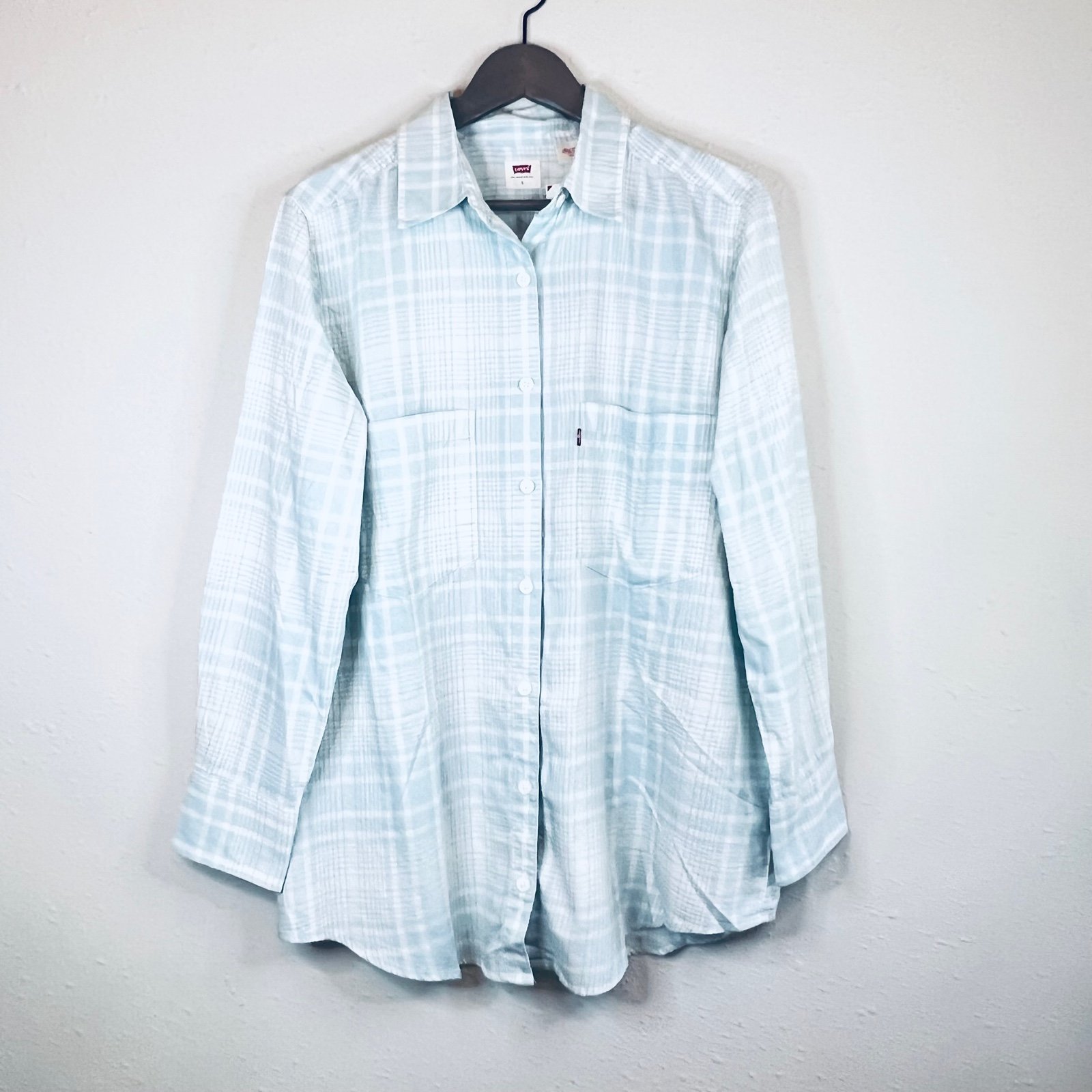 Levi’s Women’s Nola Oversized Menswear Plaid Blue Shirt/Sz:Large/NWT