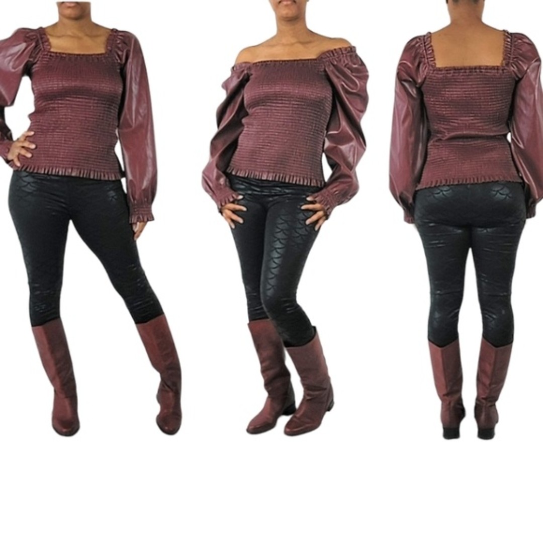 Ever After Burgundy Faux Leather Puffer Sleeve Square Neck Smocked Top