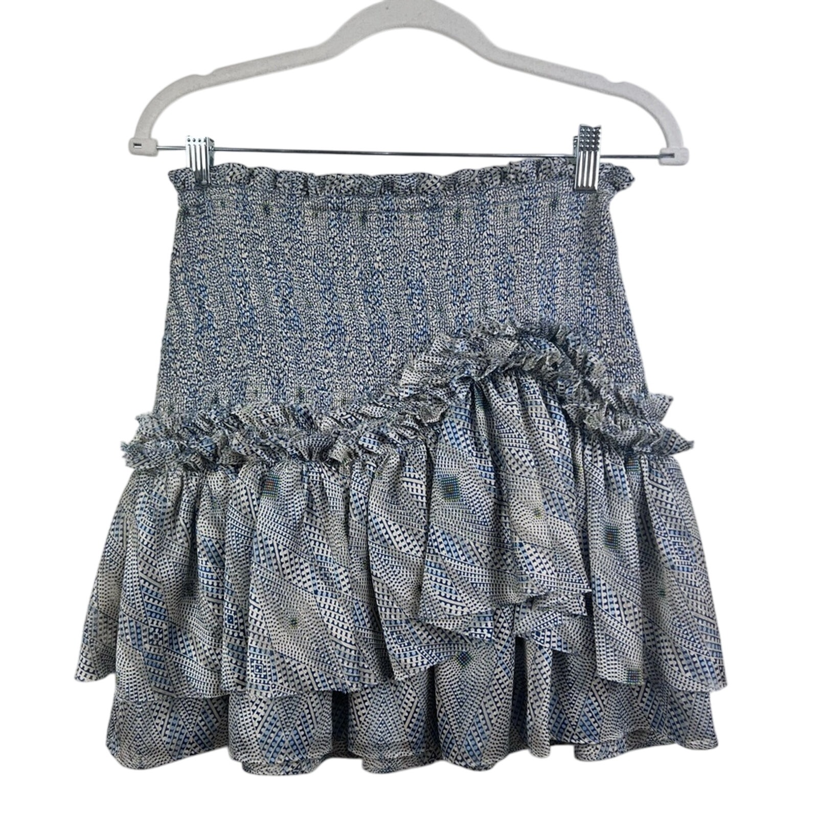 Alexis Blue Geo Print Smocked Waist Ruffle Mini Skirt Small Summer Cottagecore
