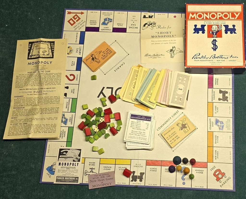 Vintage Monopoly Complete 1930's 1940's Wooden Pcs Blue Box Free Ship